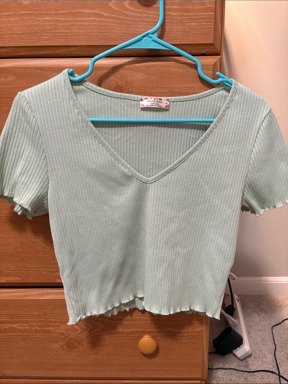 Altar'd State Mint Ribbed V-Neck Lettuce-Hem Crop Top